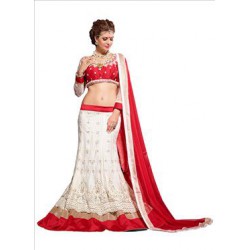 white and red fishcut lehenga