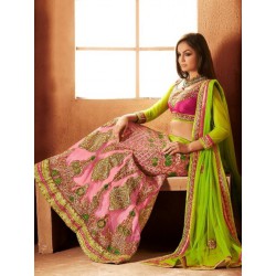 Rose pink and green bridal lehenga