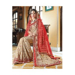 cream&maroon bridal saree