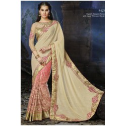 peach pink and cream designer saree