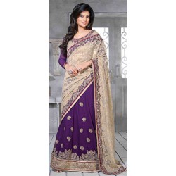 cream and violet party wear saree